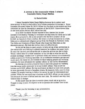 A person in the community whom I admire : Constable Baltej Singh Dhillon