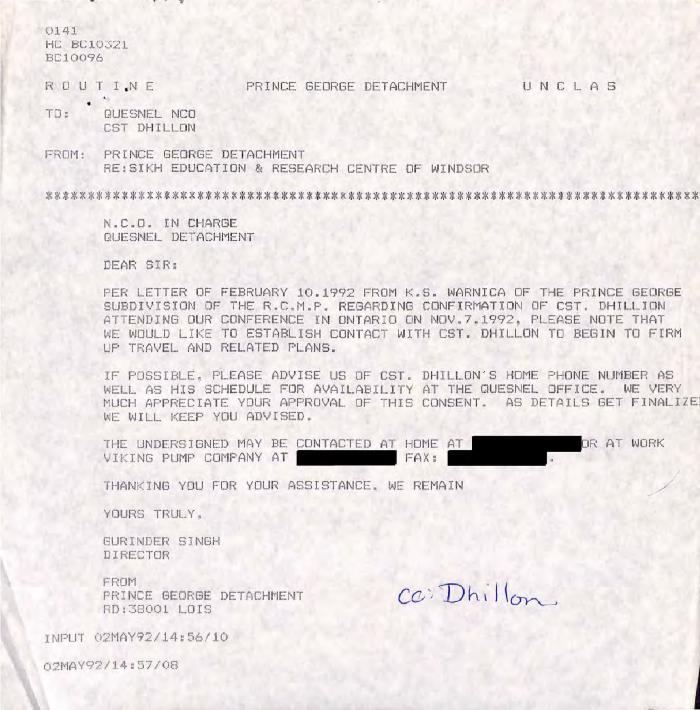 [Correspondence from Gurdiner Singh]
