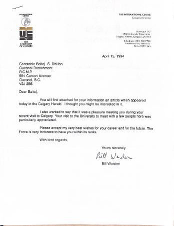 [Correspondence from Bill Warden]
