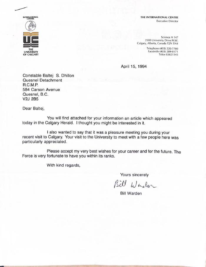 [Correspondence from Bill Warden]