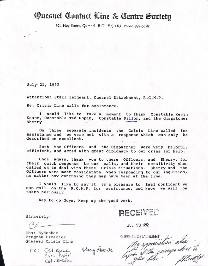 [Correspondence from Char Sydenham]