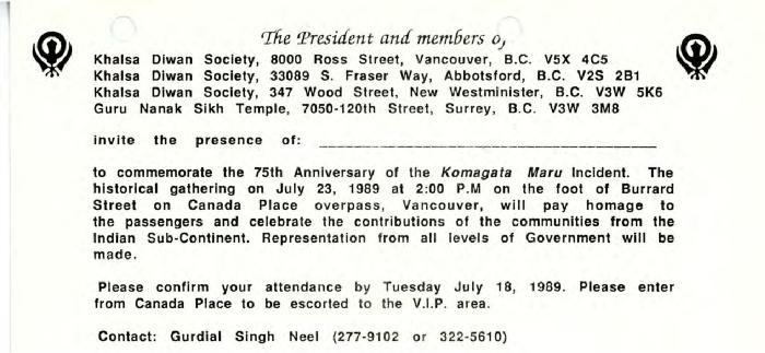 [Invitation to the historical gathering to commemorate the 75th anniversary of the Komagata Maru incident]