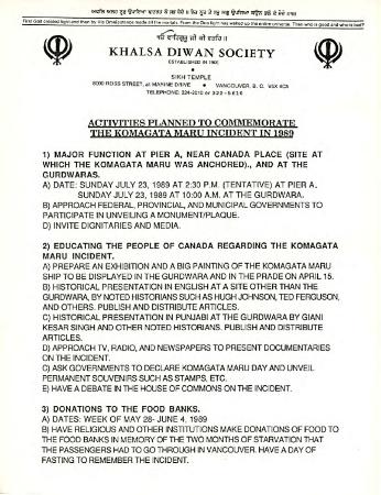 Activities planned to commemorate the Komagata Maru incident in 1989