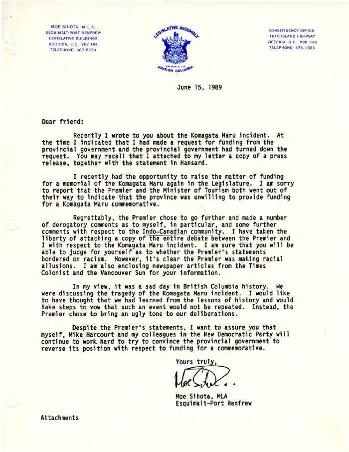[Letter from Moe Sihota]
