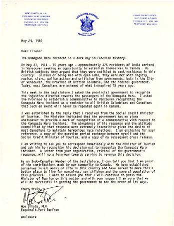 [Letter from Moe Sihota]