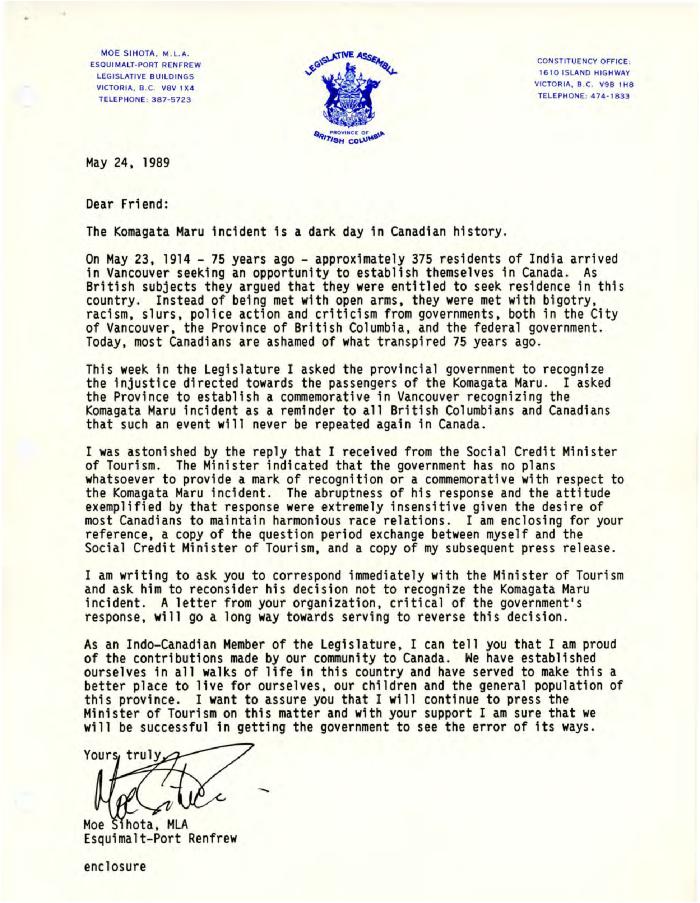 [Letter from Moe Sihota]