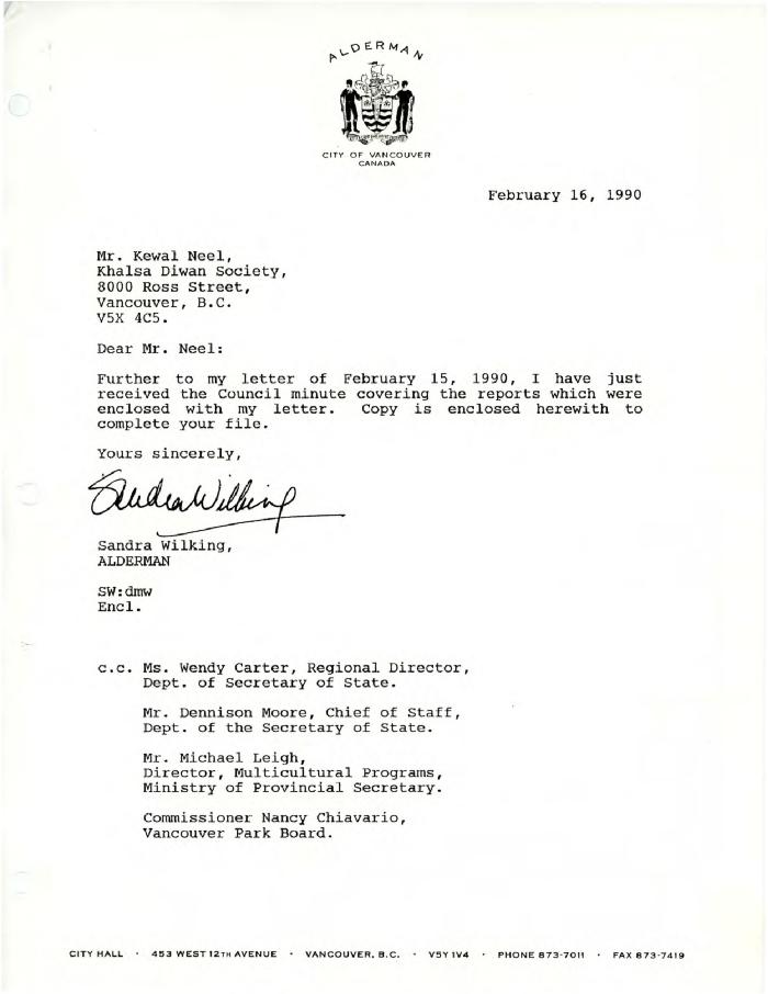 [Letter from Sandra Wilking]