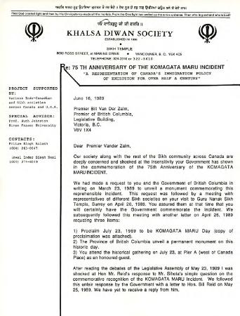 [Letter to Bill Vander Zalm from Bikar Singh Dhillon]