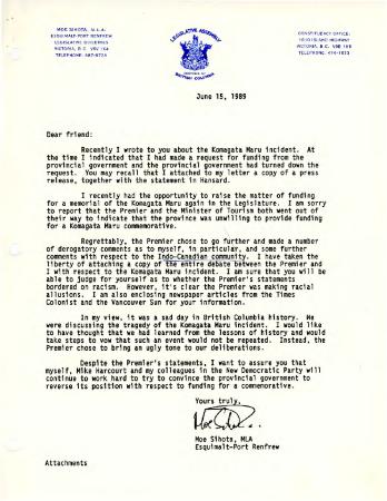 [Letter from Moe Sihota]