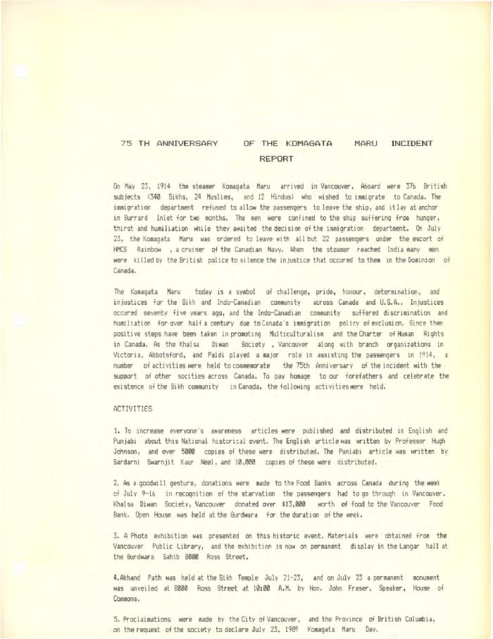 75th anniversary of the Komagata Maru incident report