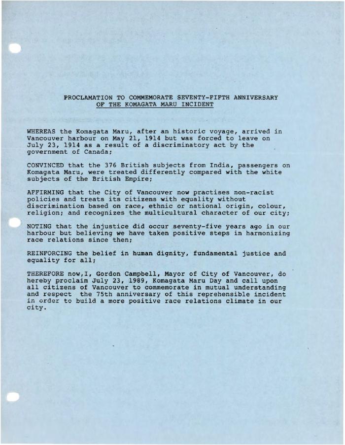 Proclamation to commemorate seventy-fifth anniversary of the Komagata Maru incident