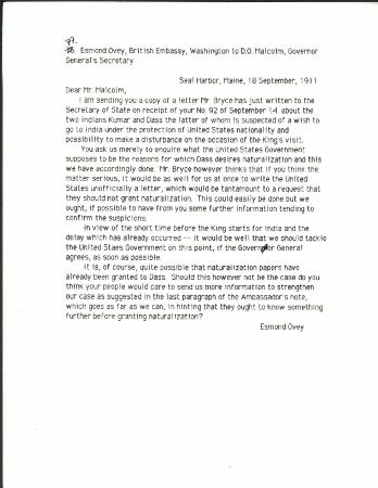 [Esmond Ovey, British Embassy, Washington, to D. O. Malcolm, Governor General's Secretary, re Kumar and Das. Original]
