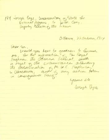 [Joseph Pope, Under-Secretary of State for External Affairs, to William W. Cory, Deputy Minister of the Interior, re murder of W. C. Hopkinson]