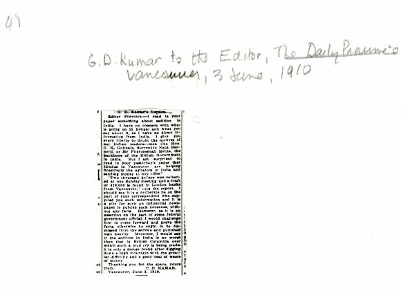 [Guran Ditt Kumar, Editor, the Swadesh Sevak, to the Editor, the Daily Province, re reports that Indians in Vancouver are supporting seditious activities in India]