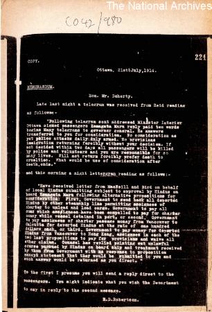 [E. Blake Robertson, Assistant Superintendent of Immigration, to Charles J. Doherty, Minister of Justice. Copy]