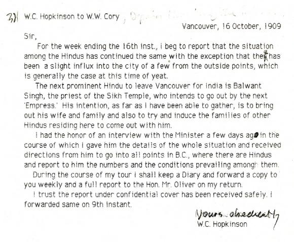 [William C. Hopkinson, Immigration Inspector, to William W. Cory, Deputy Minister of the Interior, re departure and plans of Balwant Singh]