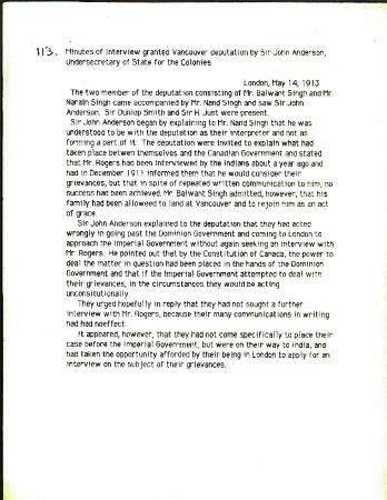[Minutes of interview granted Vancouver deputation by Sir John Anderson, Under-Secretary of State for the Colonies, re Indians' complaints about Canada's immigration regulations]