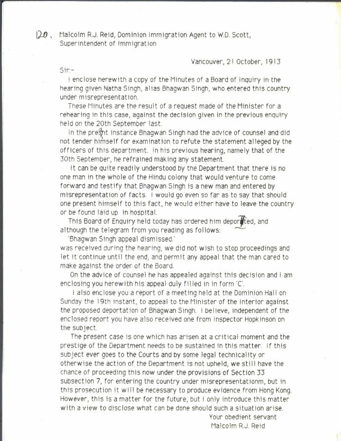 Malcolm R. J. Reid, Dominion Immigration Agent, to W. D. Scott, Superintendent of Immigration [re Board of Inquiry hearing for Natha Singh, alias Bhagwan Singh]