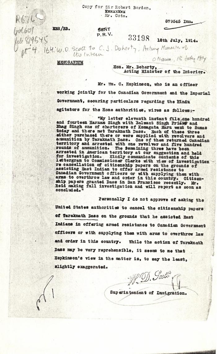 [William D. Scott, Superintendent of Immigration, to Charles J. Doherty, Minister of Justice, re Hopkinson's report on Balwant Singh and Bhag Singh. Copy]