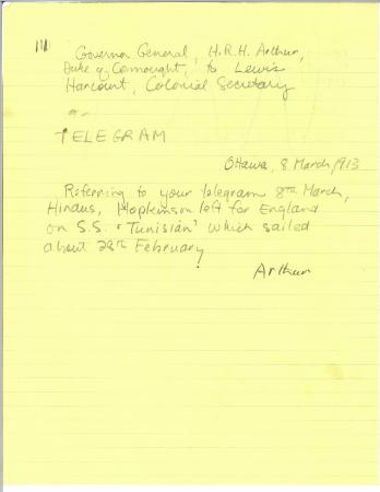 [Governor General, H. R. H. Prince Arthur, Duke of Connaught, to Lewis Harcourt, Secretary of State for the Colonies, re Hopkinson's travel plans. Copy]