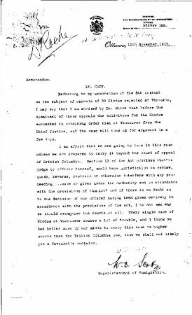 [William D. Scott, Superintendent of Immigration, to William W. Cory, Deputy Minister of the Interior, re appeal of immigrant Hindus. Copy]