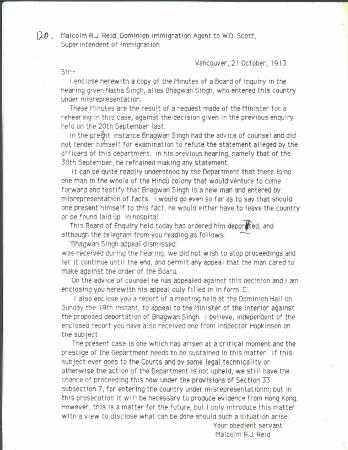 Malcolm R. J. Reid, Dominion Immigration Agent, to W. D. Scott, Superintendent of Immigration [re Board of Inquiry hearing for Natha Singh, alias Bhagwan Singh]