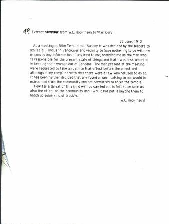 [Extract from William C. Hopkinson, Immigration Inspector, to William W. Cory, Deputy Minister of the Interior, re Hindu community threat to Hopkinson]