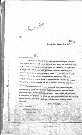 [Robert L. Borden, Prime Minister, to Dr. William James Roche, Minister of the Interior, re limitations on Asian immigration]