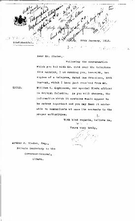[William W. Cory, Deputy Minister of the Interior, to Arthur F. Sladen, Private Secretary to the Governor General, re Hopkinson's work in California]