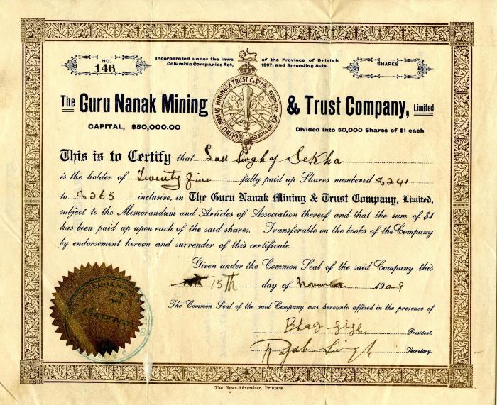 Guru Nanak Mining & Trust Company certificate