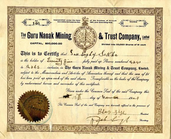Guru Nanak Mining & Trust Company certificate