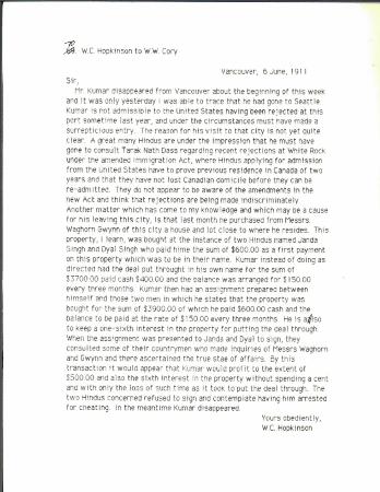 [William C. Hopkinson, Immigration Inspector, to William W. Cory, Deputy Minister of the Interior, re G. D. Kumar]