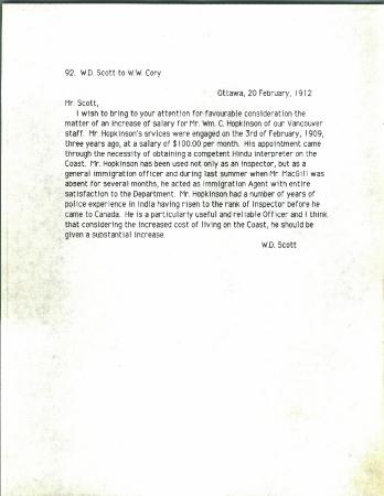 [William D. Scott, Superintendent of Immigration, to William W. Cory, Deputy Minister of the Interior, re salary increase for Inspector Hopkinson]