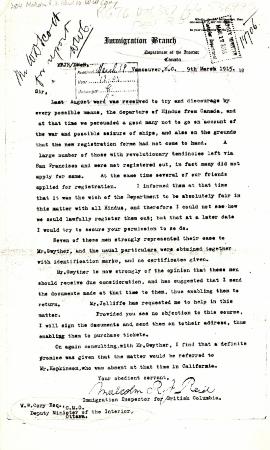 [Malcolm R. J. Reid, Dominion Immigration Agent, to William W. Cory, Deputy Minister of the Interior, re allowing Hindus to leave Canada]