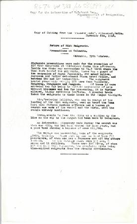 Copy of cutting from the Pioneer Mail, Allahabad, India: Return of Sikh emigrants: precautions at Calcutta