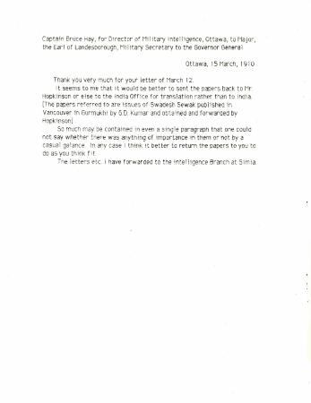 [Captain Bruce Hay, for Director of Military Intelligence, Ottawa, to Major, the Earl of Landesborough, Military Secretary to the Governor General]