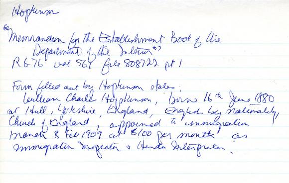 Memorandum for the Establishment Book of the Department of the Interior [by William C. Hopkinson, Immigration Inspector]