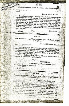 [Joseph Pope, Under-Secretary of State for External Affairs, to William W. Cory, Deputy Minister of the Interior, enclosing telegram from Lewis Harcourt, Secretary of State for the Colonies, to Governor General, Duke of Connaught, 28 October, 1914]