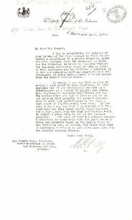 [William W. Cory, Deputy Minister of the Interior, to Joseph Pope, Under-Secretary of State for External Affairs, re compensation for Hopkinson's family]