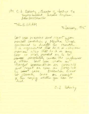 [Charles J. Doherty, Minister of Justice, to Superintendent, Insane Asylum, New Westminster, re mental condition of Mewa Singh]