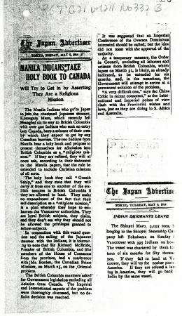 Newsclipping - Japan Advertiser: Manila Indians take holy book to Canada; Indian emigrants leave