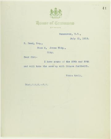 Copy of letter from H. H. Stevens to E. Read