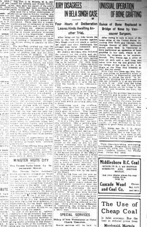 Newsclipping - Vancouver Daily Province: Jury disagrees in Bela Singh case. Page 24