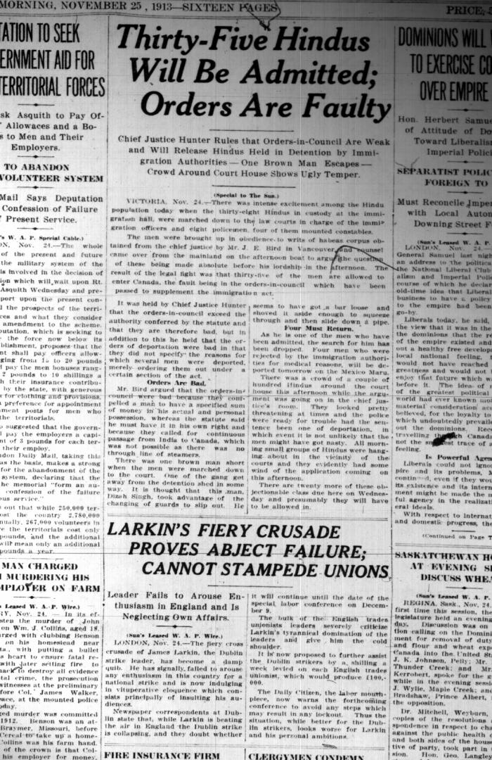 Newsclipping - Vancouver Sun: Thirty-five Hindus will be admitted: orders are faulty. Page 1