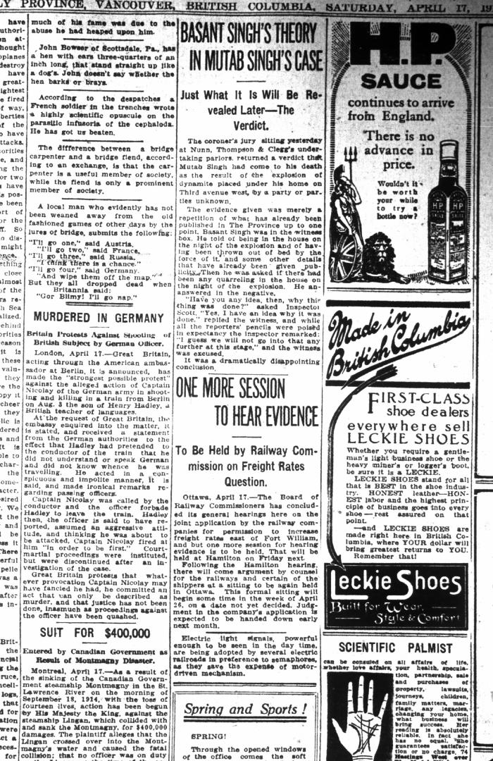 Newsclipping - Vancouver Daily Province: Basant Singh's theory in Mutab Singh's case. Page 6