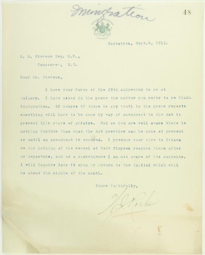 Letter from Dr. Roche to Stevens re amendments to Immigration Act