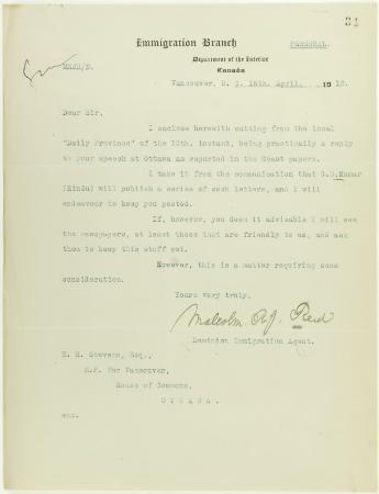 Letter from Malcolm Reid, Dominion Immigration Agent, to H. H. Stevens re newspaper publicity
