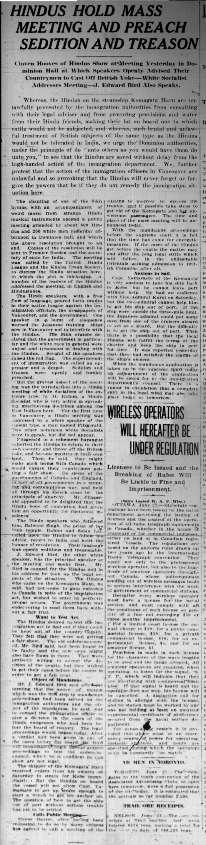 Newsclipping - Vancouver Sun: Hindus hold mass meeting and preach sedition and treason
