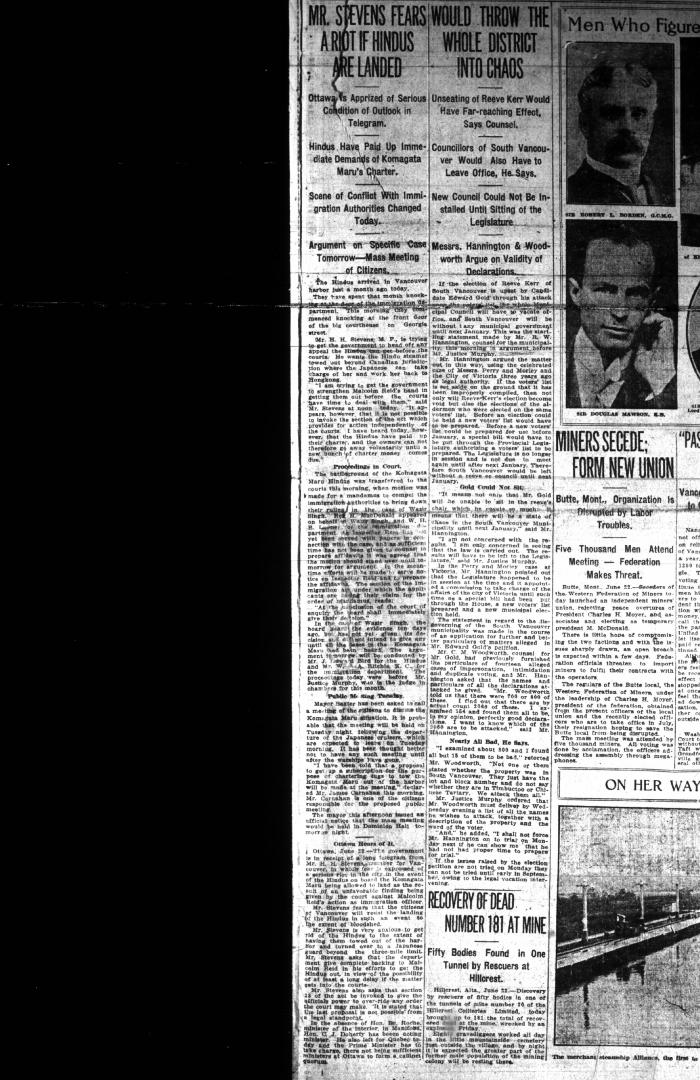Newsclipping - Vancouver Daily Province: Mr. Stevens fears a riot if Hindus are landed