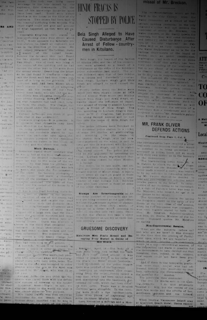 Newsclipping - Vancouver News-Advertiser: Hindu fracas is stopped by police. Page 4